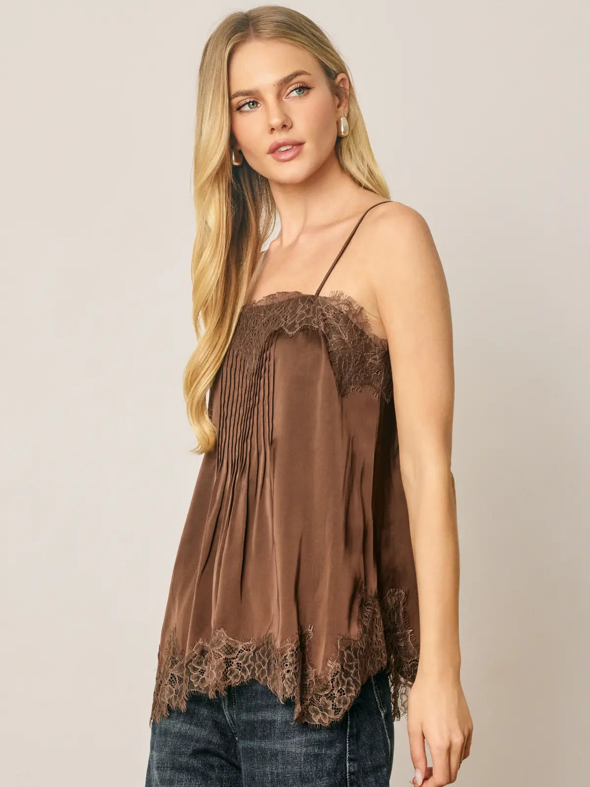 Satin Lace Trim Pintuck Cami Top