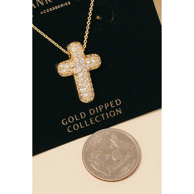 Gold Dipped Cz Pave Bubble Cross Pendant Necklace