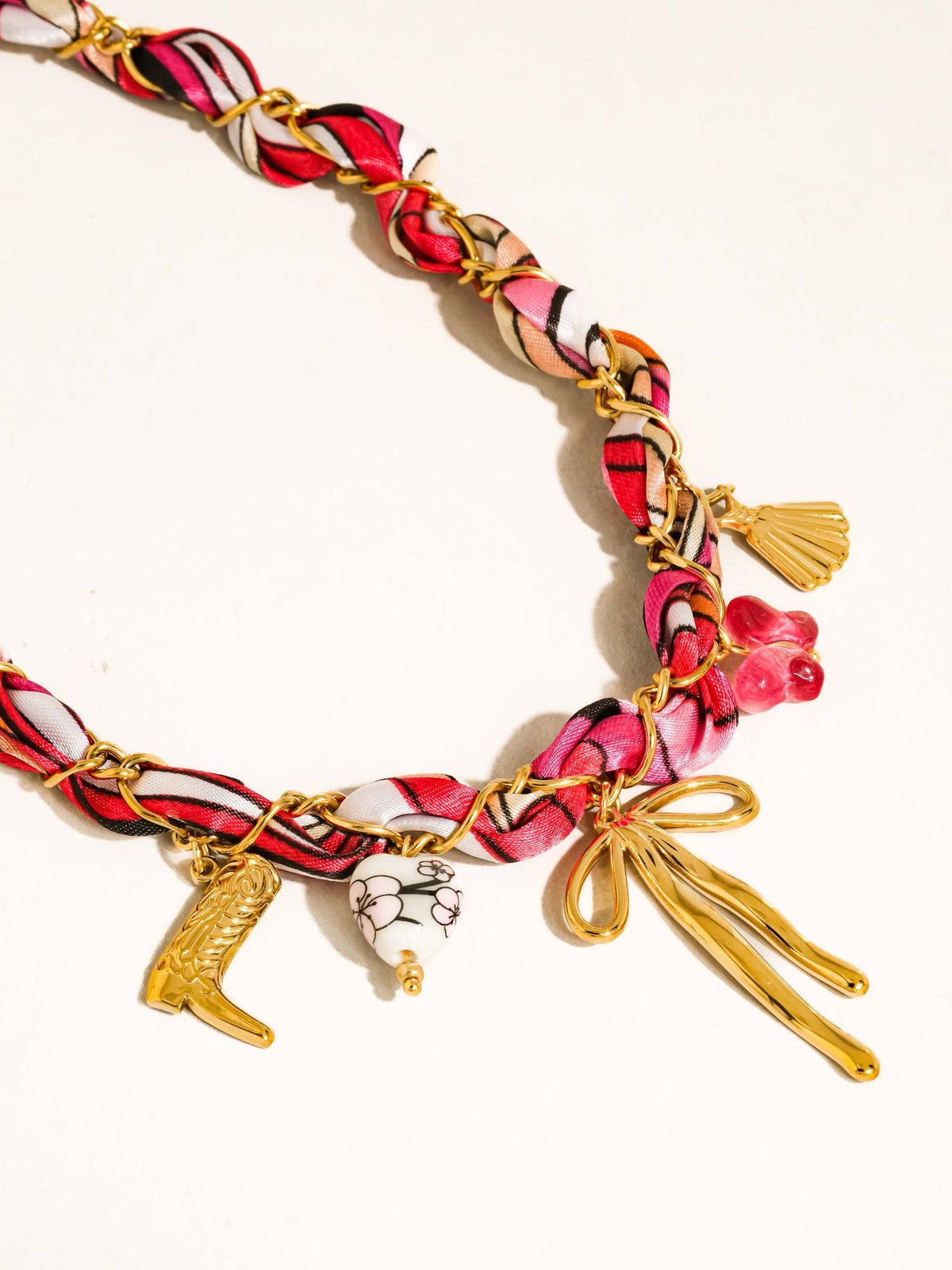 Plumeria 18K Gold Non-Tarnish Braided Charm Bow Necklace