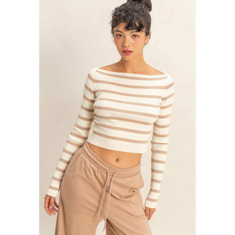 Striped Boatneck  Crop Knit Top