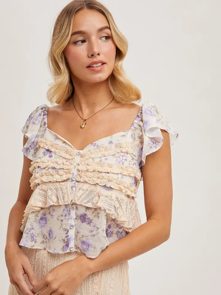 Viola Floral Ruffle Trimmed Sweetheart Top