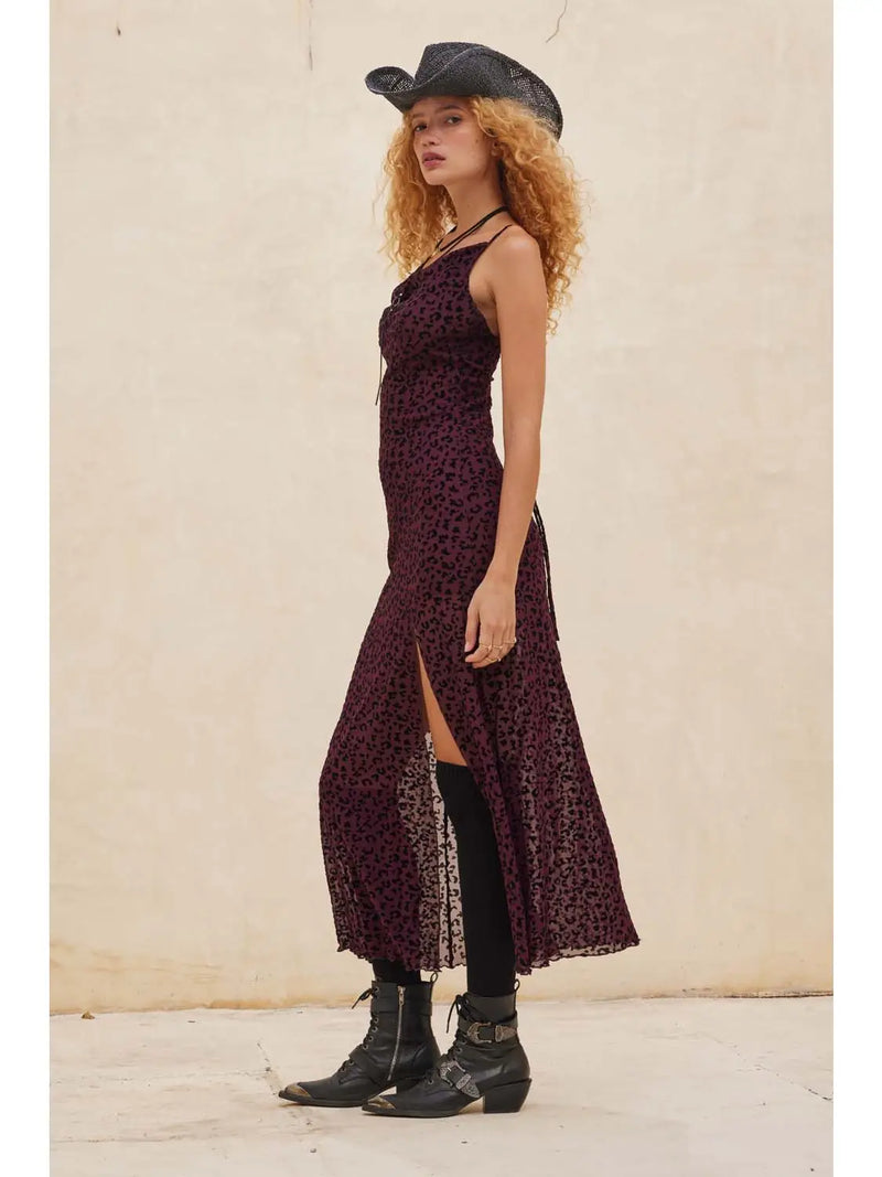 Flocked Leopard Mesh Maxi Dress