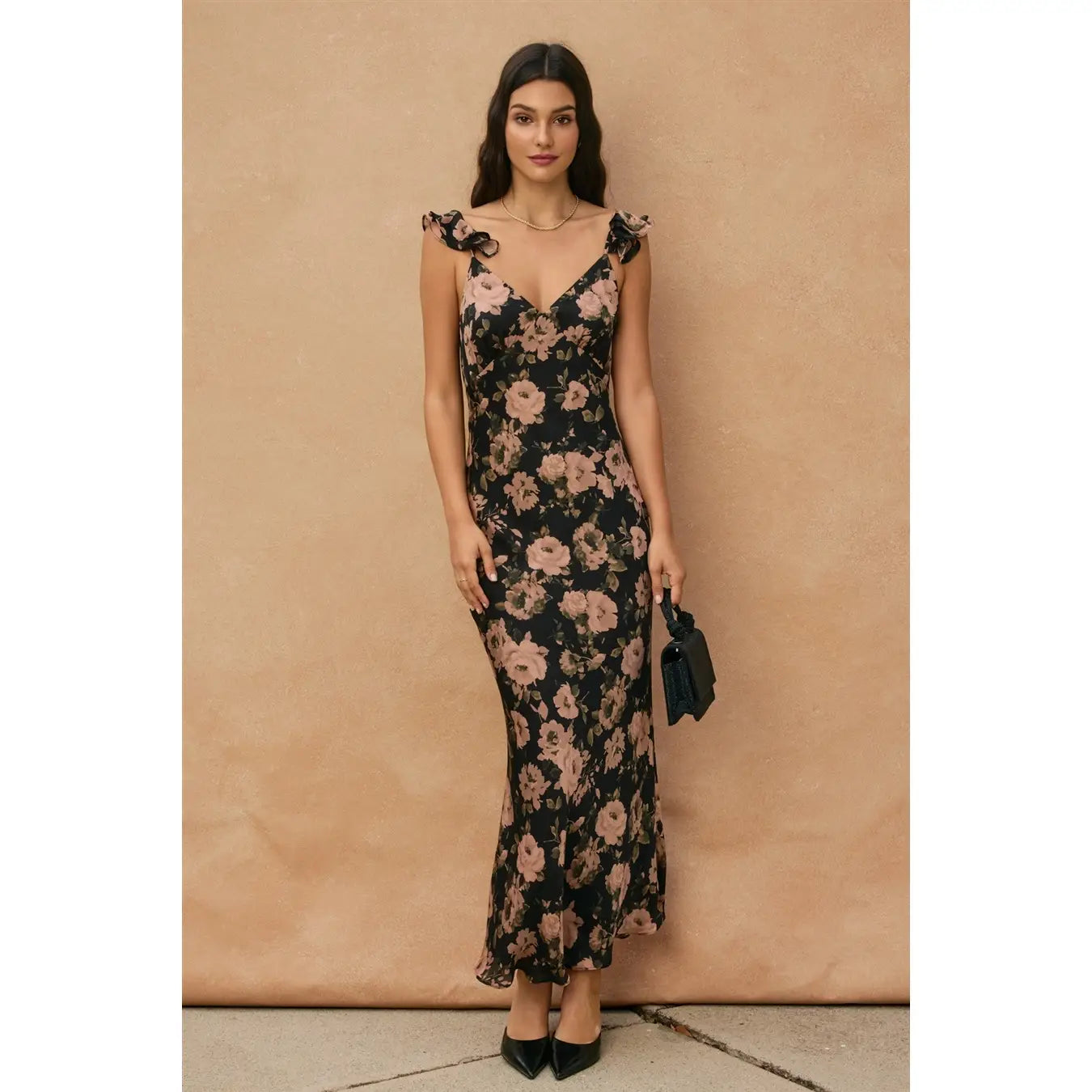 Ashen Rose Flutter Shoulder Maxi Dress