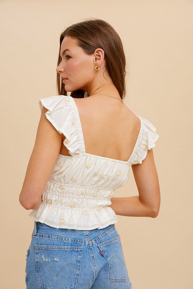 Daisy days embroidered ruffle tank top