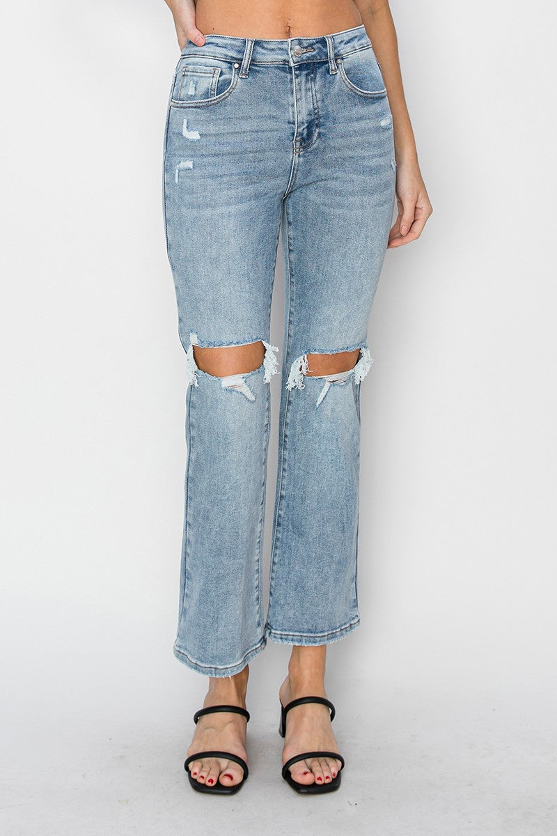 Risen High Rise Ankle Flare Knee distressed Jeans