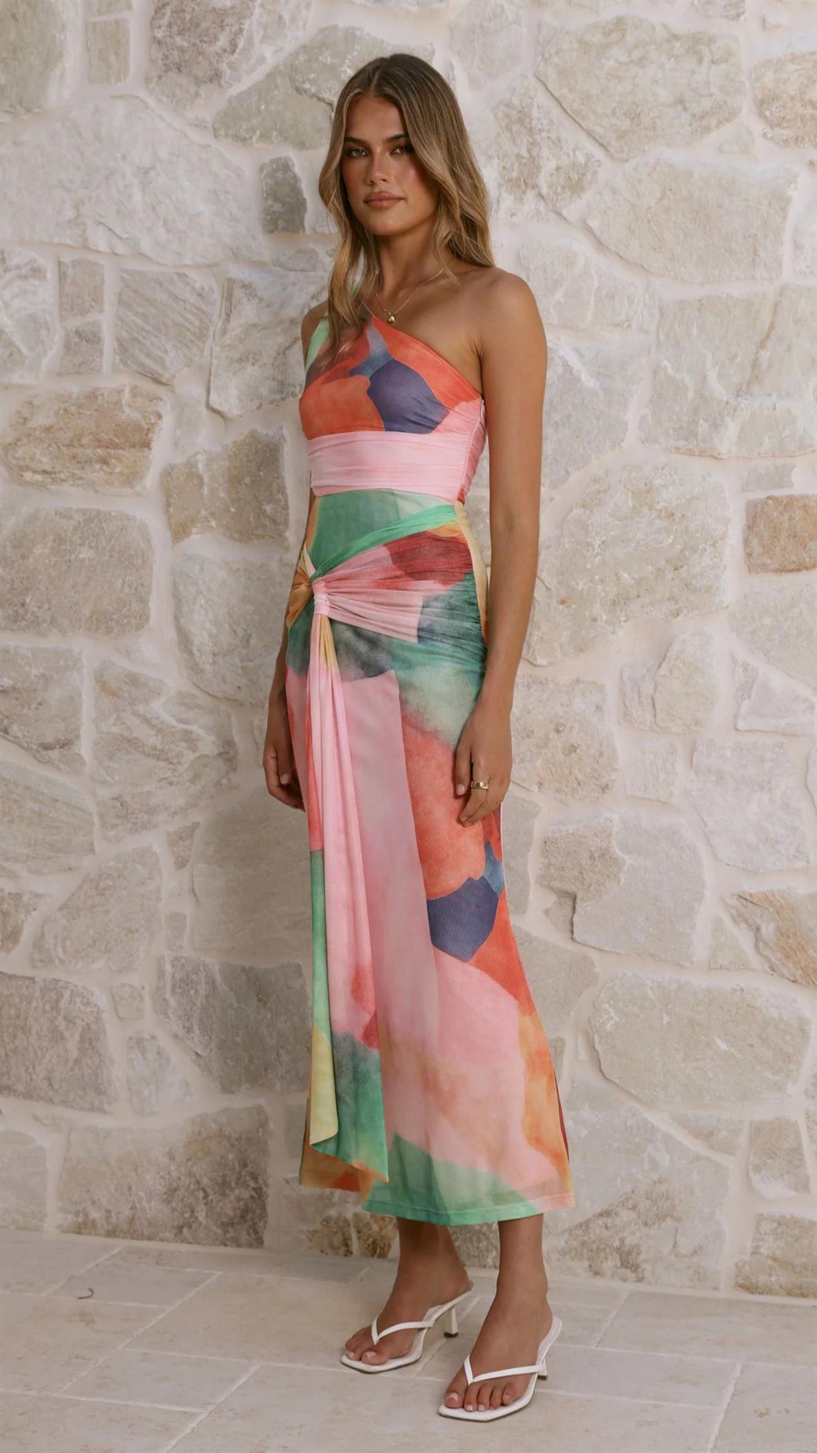 One Shoulder Abstract Maxi Dress