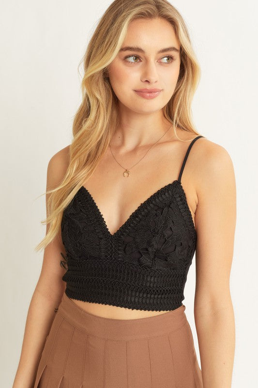 Textured lace cropped top with open shoulders, v neckline, and open back. Model (main) Height 5' 7", Bust 30", Waist 24", Hips 35"