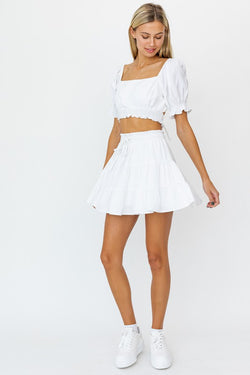 Smocked Waist Flare Skirt - White