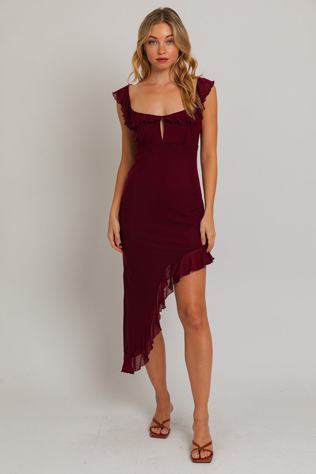 Cabernet Ruffle Mesh Asymmetrical Dress