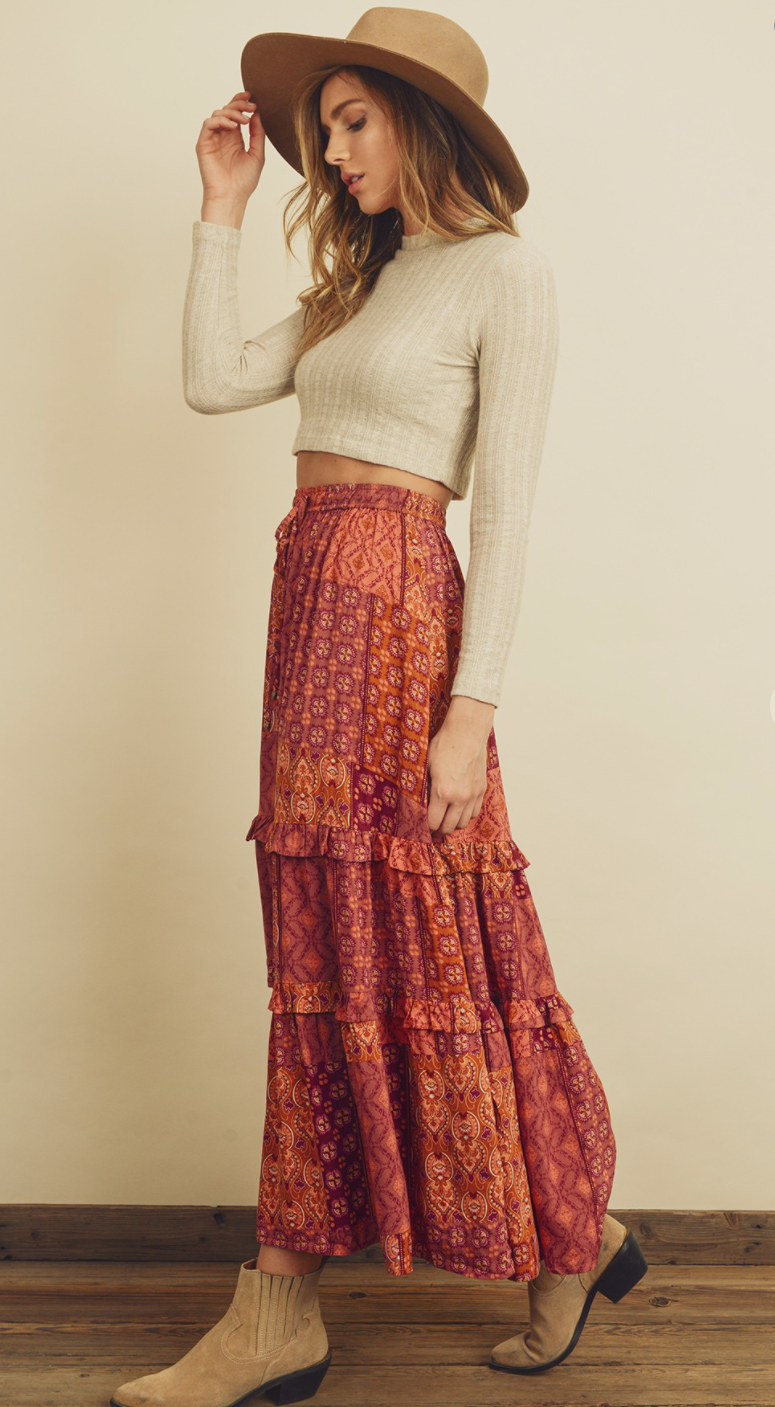 Patchwork Tiered Maxi Skirt
