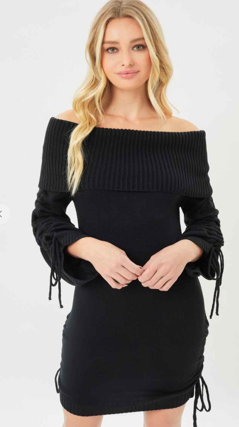 Off The Shoulder Sweater Dress Feat. Side Ruched Drawstring Detail- Black 
